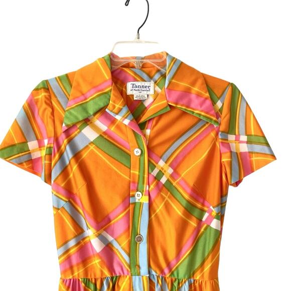Tanner of North Caroline 60s 70s Retro Mod Maxi Dress Orange Green Button Down - Picture 2 of 8